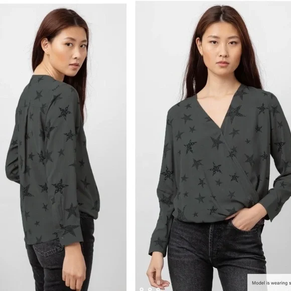 Rails Hillary Charcoal Cheetah Stars Faux Wrap Blouse Top - Picture 1 of 7